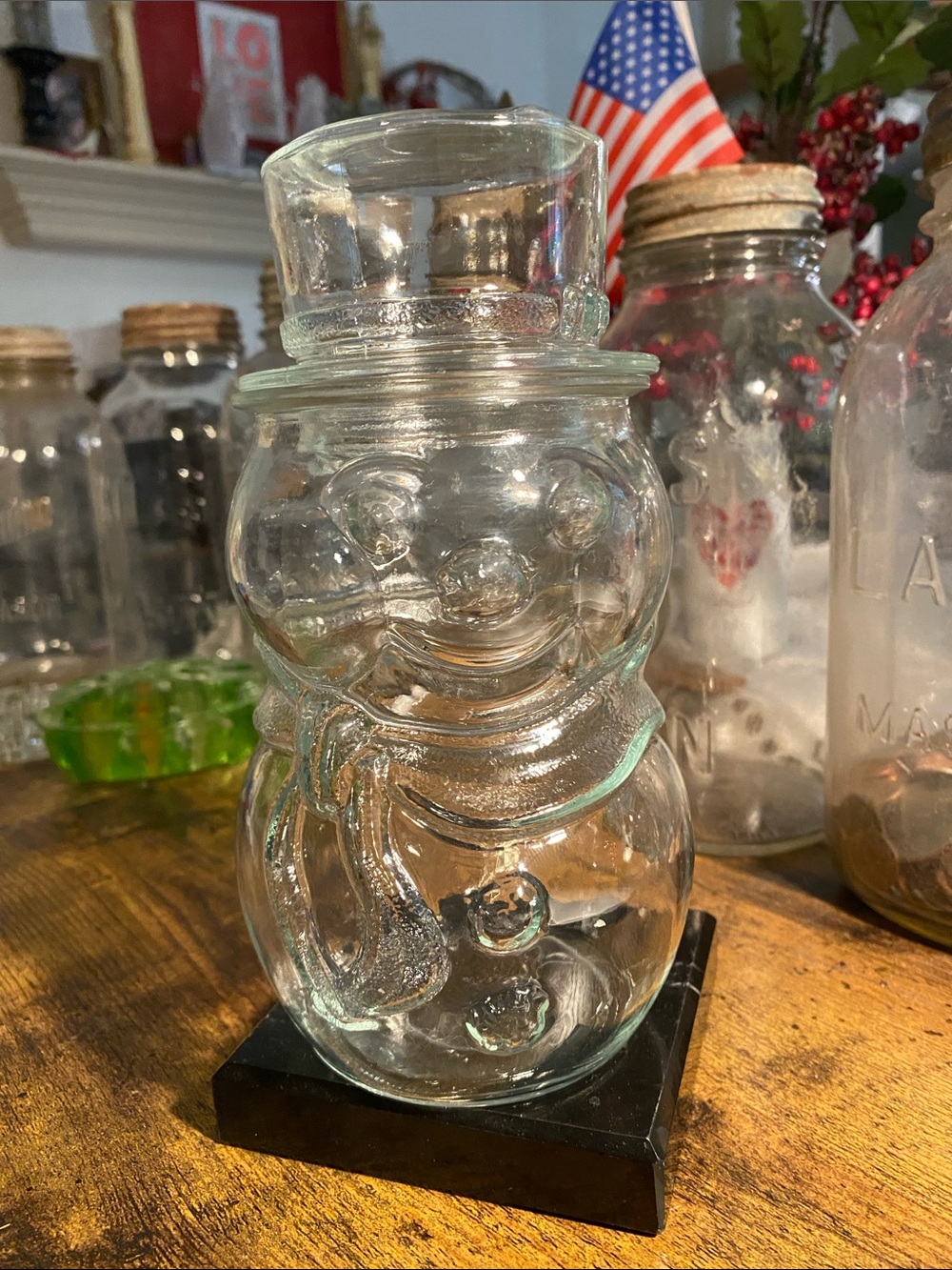 Clear Glass Snowman Holiday Candy Jar